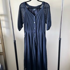 blue midi dress with mesh detail, buttons, and pockets!!